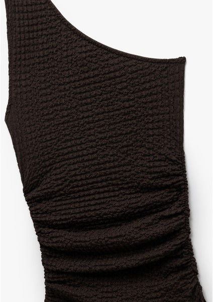 Bürümcük Kumaş Slim Fit Drapeli Midi Tek Omuz Kalem Elbise