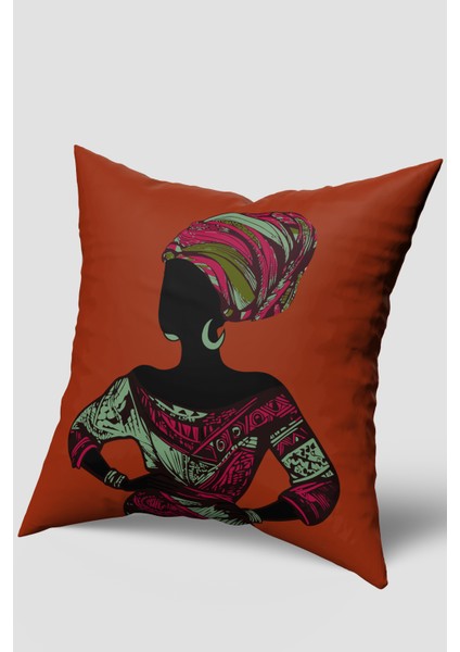 Kırmızı Etnik Afrika Kadın Figürlü Kırlent Kılıfı