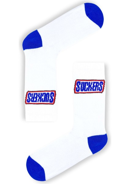 S.ckers Yazılı Beyaz Mavi Tenis Çorap