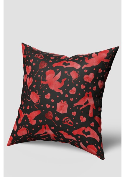Kırmızı Siyah Aşk Meleği Desenli Kırlent Kılıfı