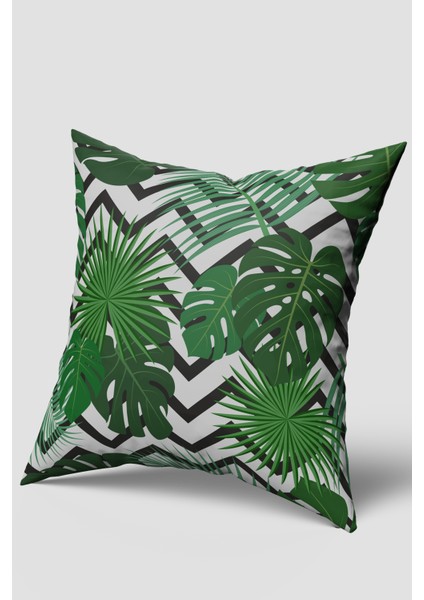 Yeşil Siyah Tropikal Zikzak Yaprak Desenli Kırlent Kılıfı