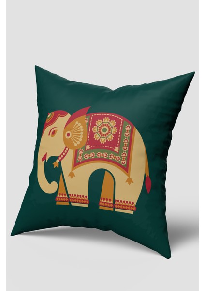 Yeşil Krem Etnik Fil Figürlü Kırlent Kılıfı