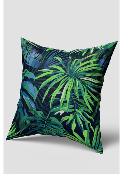 Yeşil Mavi Tropikal Yaprak Desenli Kırlent Kılıfı