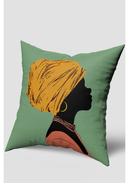 Yeşil Etnik Afrika Kadın Figürlü Kırlent Kılıfı