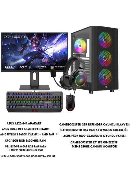 Pb A600B Rgb Kasa Amd Ryzen 5 8400F 16 GB Ram 500 GB SSD Asus Dual Rtx 4060 W11 + Full Set