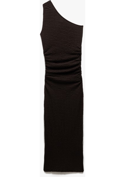 Bürümcük Kumaş Slim Fit Drapeli Midi Tek Omuz Kalem Elbise