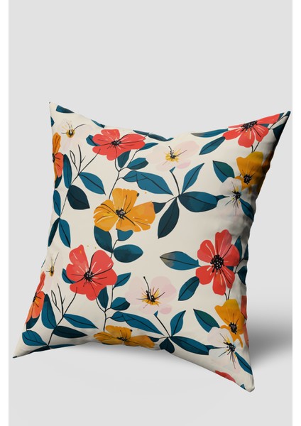 Mavi Kırmızı Dekoratif Çiçek Desenli Kırlent Kılıfı