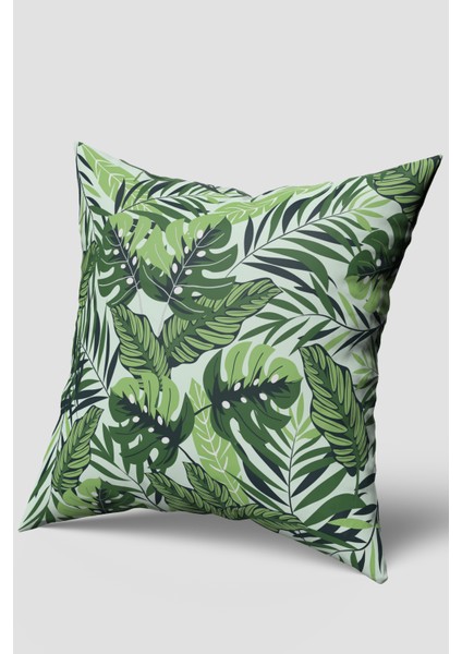 Yeşil Beyaz Tropikal Yaprak Desenli Kırlent Kılıfı