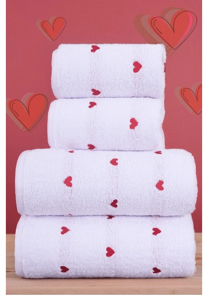4'lü Banyo Havlu Seti Kalpli - Kalp Desenli Hamam Takımı