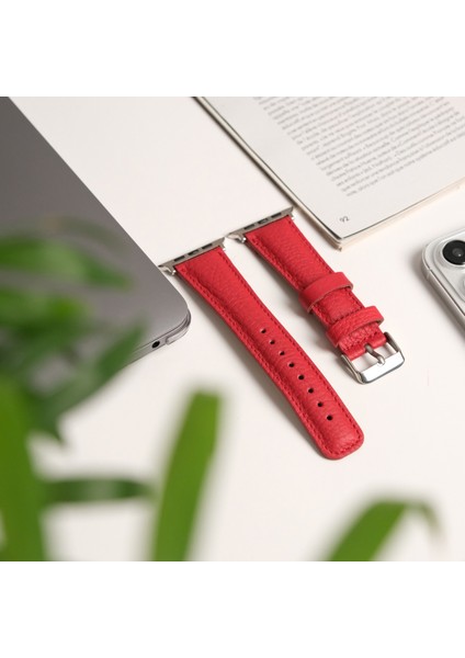 Apple Watch Uyumlu Deri Kordon & Kayış - 42 / 44 / 45 / 46 / 49 mm - Ultra / Ultra 2 / Seri 9 / 8 / 7 / 6 / 5 / 4 / 3 - Kırmızı