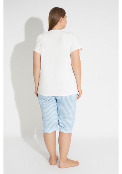 Mavi Çizgili Kısa Kollu Rahat Kesim Büyük Beden Kapri Pijama Takımı 30005 fiyatları
