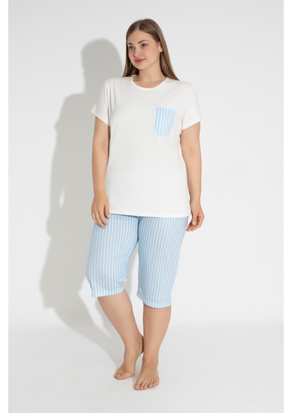 Mavi Çizgili Kısa Kollu Rahat Kesim Büyük Beden Kapri Pijama Takımı 30005 modelleri