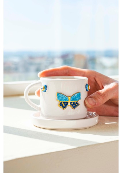 Kelebek Amore El Yapımı Seramik Double Kahve Fincanı Mug Kupa