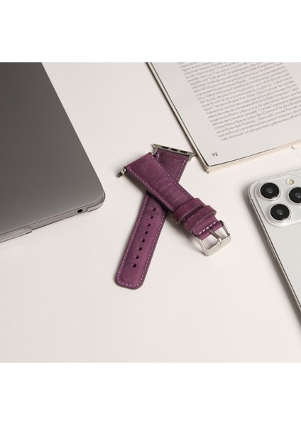 Apple Watch Uyumlu Deri Kordon & Kayış - 42 / 44 / 45 / 46 / 49 mm - Ultra / Ultra 2 / Seri 9 / 8 / 7 / 6 / 5 / 4 / 3 - Mor
