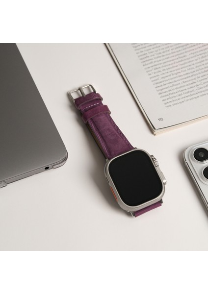 Apple Watch Uyumlu Deri Kordon & Kayış - 42 / 44 / 45 / 46 / 49 mm - Ultra / Ultra 2 / Seri 9 / 8 / 7 / 6 / 5 / 4 / 3 - Mor