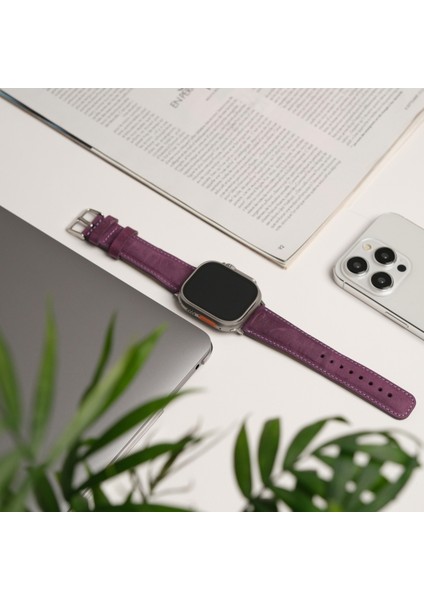 Apple Watch Uyumlu Deri Kordon & Kayış - 42 / 44 / 45 / 46 / 49 mm - Ultra / Ultra 2 / Seri 9 / 8 / 7 / 6 / 5 / 4 / 3 - Mor