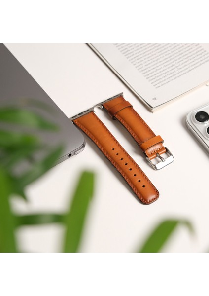 Apple Watch Uyumlu Deri Kordon & Kayış - 42 / 44 / 45 / 46 / 49 mm - Ultra / Ultra 2 / Seri 9 / 8 / 7 / 6 / 5 / 4 / 3 - Taba