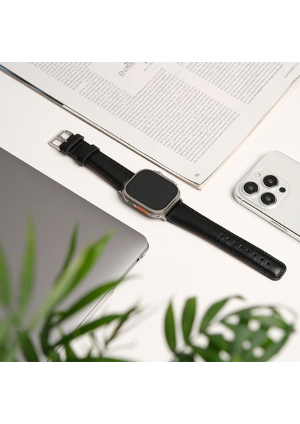 Apple Watch Uyumlu Deri Kordon & Kayış - 42 / 44 / 45 / 46 / 49 mm - Ultra / Ultra 2 / Seri 9 / 8 / 7 / 6 / 5 / 4 / 3 - Siyah fiyatları