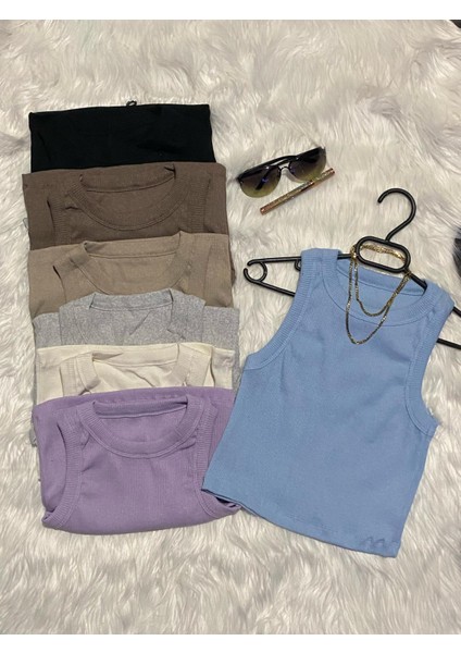 Kaşkorse Dokuma Pamuk Kumaş Halter Yaka Kalın Askılı Kadın Crop Bluz
