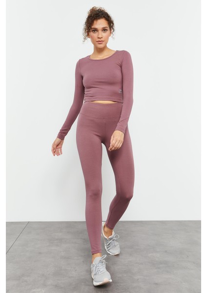 Gül Kurusu Yüksek Bel Uzun Kollu Slim Fit Crop Top Kadın Tayt Takım - 95286