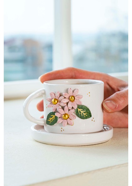 Pembe Çiçekli Amore El Yapımı Seramik Double Kahve Fincanı Mug Kupa