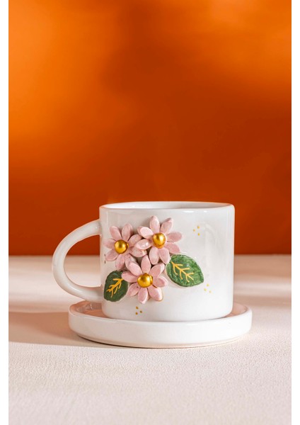 Pembe Çiçekli Amore El Yapımı Seramik Double Kahve Fincanı Mug Kupa