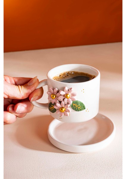 Pembe Çiçekli Amore El Yapımı Seramik Double Kahve Fincanı Mug Kupa
