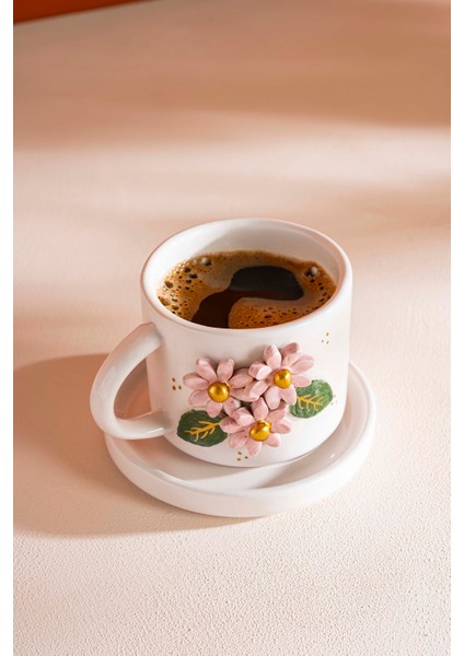 Pembe Çiçekli Amore El Yapımı Seramik Double Kahve Fincanı Mug Kupa