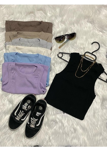 Kaşkorse Dokuma Pamuk Kumaş Halter Yaka Kalın Askılı Kadın Crop Bluz