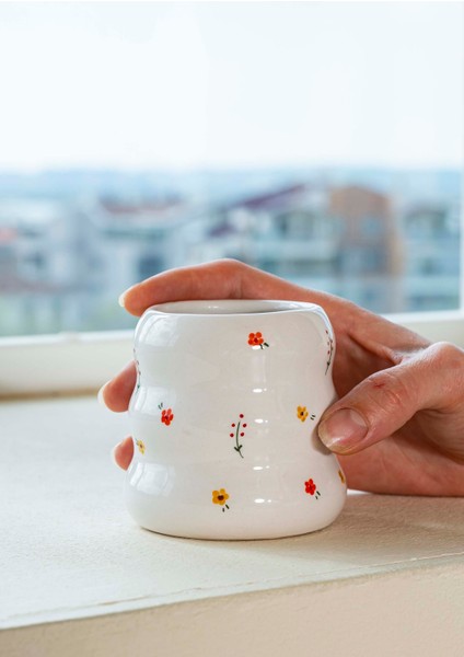Minimal Çiçekler Amore El Yapımı Seramik Double Kahve Bardağı Mug Kupa