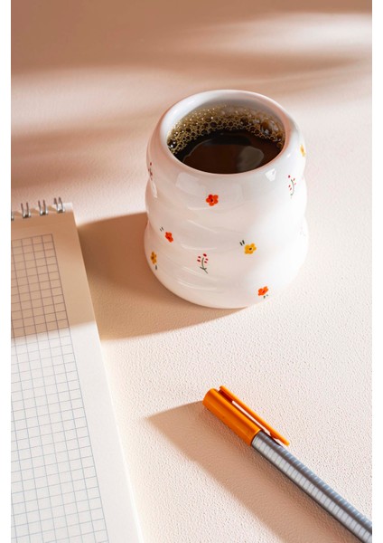 Minimal Çiçekler Amore El Yapımı Seramik Double Kahve Bardağı Mug Kupa