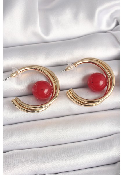 Pirinç Gold Renk Halka Model Kırmızı Boncuk Detay Kadın Küpe