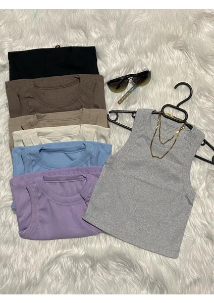Kaşkorse Dokuma Pamuk Kumaş Halter Yaka Kalın Askılı Kadın Crop Bluz