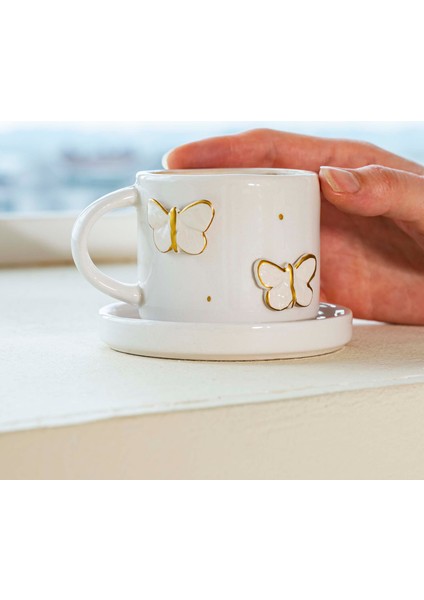 Gold Kelebek Amore El Yapımı Seramik Double Kahve Fincanı Mug Kupa