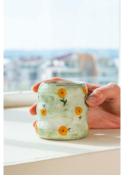 Yeşil Çiçek Amore El Yapımı Seramik Double Kahve Bardağı Mug Kupa