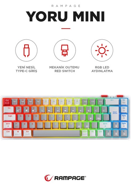 Yoru Mini Gri/beyaz Type-C Bağlantılı Outemu Red Swich Q Mekanik Gaming Oyuncu Klavye Rgb