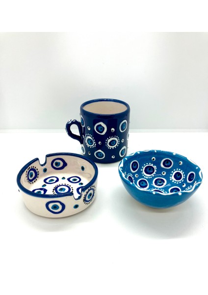 Duble Türk Kahvesi Fincanı Lokumluk Küllük Nazar Boncuklu 3’lü Sunum Seti