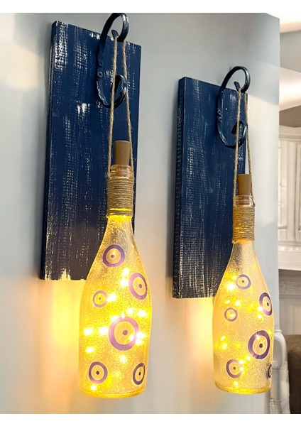 Peri Led Işıklı Mavi Ahşap Dekorlu Ferforje Bağlantılı Nazar Boncuklu Duvar Dekoru Set