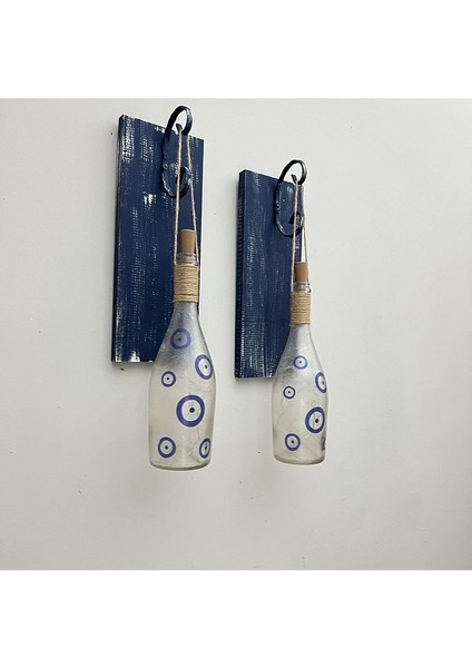 Peri Led Işıklı Mavi Ahşap Dekorlu Ferforje Bağlantılı Nazar Boncuklu Duvar Dekoru Set