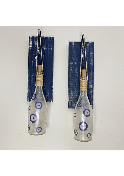 Peri Led Işıklı Mavi Ahşap Dekorlu Ferforje Bağlantılı Nazar Boncuklu Duvar Dekoru Set