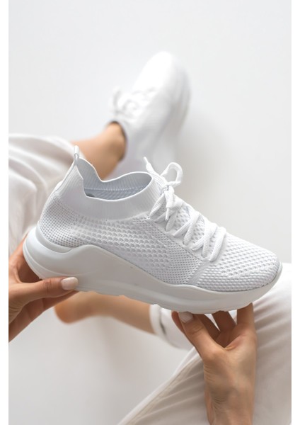 Allyup Kadın Triko Sneaker Bağcıklı Çorap Bileklik Detaylı Spor Ayakkabı 017