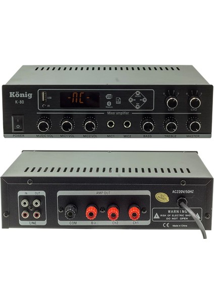 König K-80 MİNİ-80W 100V/70V/4-16 Ohm Usb/sd/bluetooth/2 Bölgeli 2 Mik.giriş Trafolu Anfi (4887)