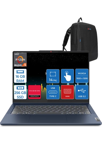 Ideapad 5 Amd Ryzen 5 8645HS 16GB Ddr5 256GB SSD Freedos 14" Wuxga 300NITS IPS Dokunmatik Bilgisayar ID83DR0030TRF01 + Zettaçanta