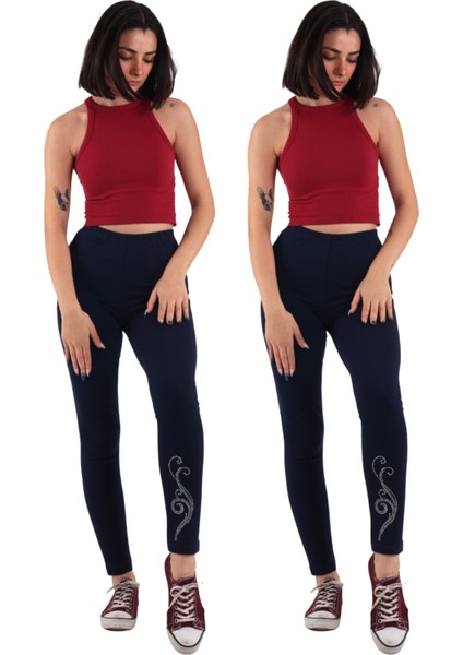 Kadın Lacivert Taş Baskılı 2'li Paket Tayt (Büyük Beden Seçeneğiyle)