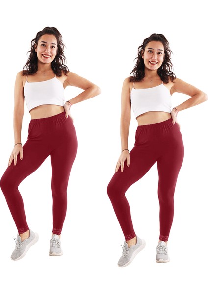 Kadın Bordo Dantelli 2'li Paket Tayt (Büyük Beden Seçeneğiyle)