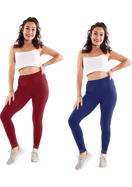 Kadın Lacivert/bordo Dantelli 2'li Paket Tayt (Büyük Beden Seçeneğiyle)