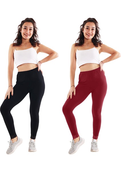 Kadın Siyah/bordo Dantelli 2'li Paket Tayt (Büyük Beden Seçeneğiyle)
