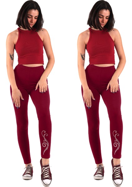 Kadın Bordo Taş Baskılı 2'li Paket Tayt (Büyük Beden Seçeneğiyle)