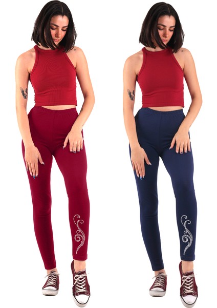 Kadın Lacivert/bordo Taş Baskılı 2'li Paket Tayt (Büyük Beden Seçeneğiyle)