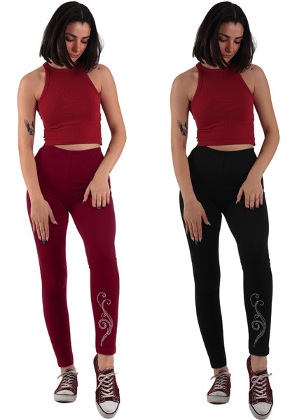 Kadın Bordo/siyah Taş Baskılı 2'li Paket Tayt (Büyük Beden Seçeneğiyle)